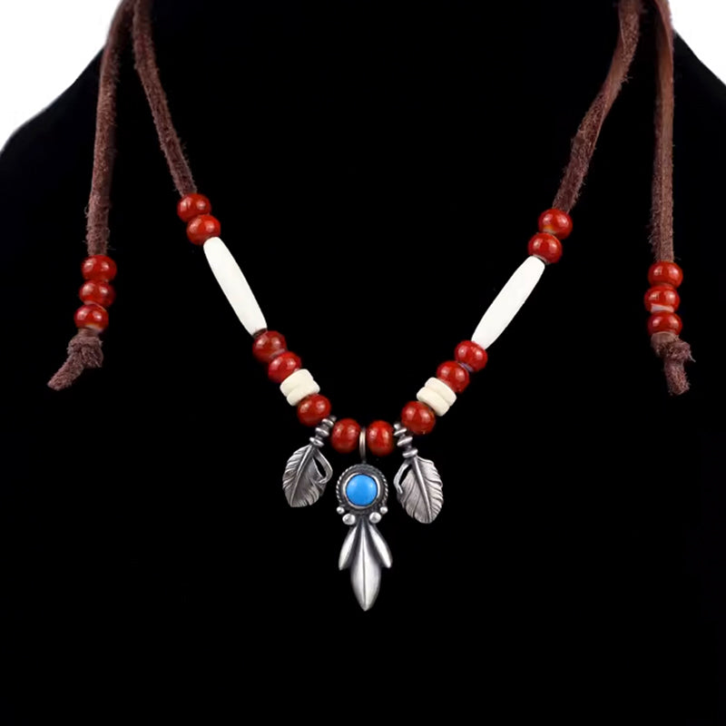 Navajo Inspired Silver Pendant Leather Cord Necklace