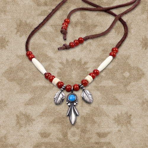 Navajo Inspired Silver Pendant Leather Cord Necklace