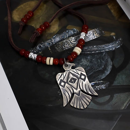 Navajo Silver Thunderbird Pendant Leather Cord Necklace