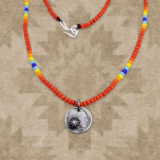 Silver Indian Head, Money Smiley Pendant Glaze Beaded Necklace