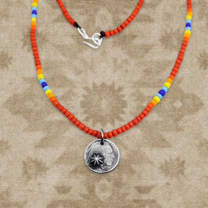 Silver Indian Head, Money Smiley Pendant Glaze Beaded Necklace