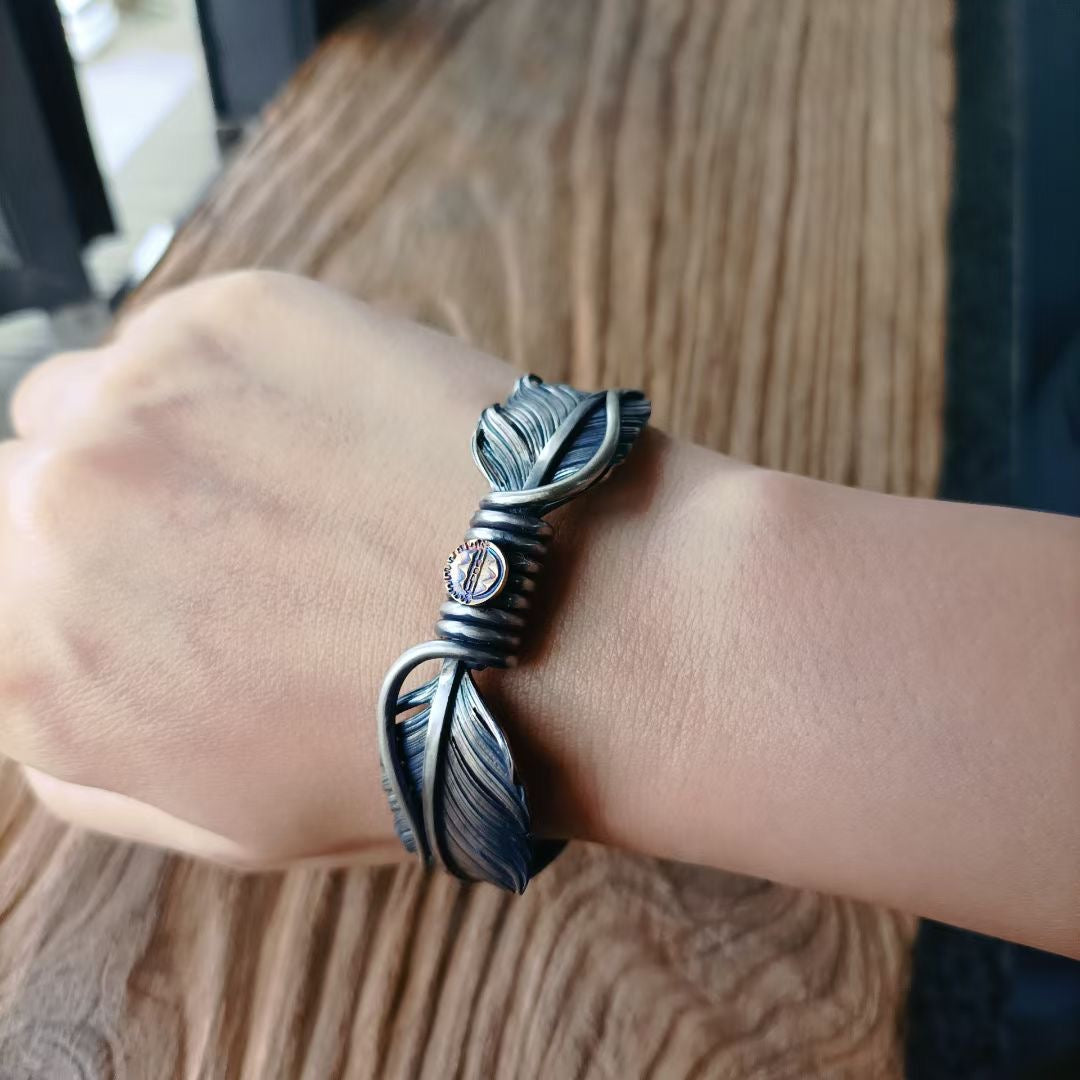 Navajo Feather Cuff Bracelet 18K Gold Emblem Silver Feather Handschwingen Cuff