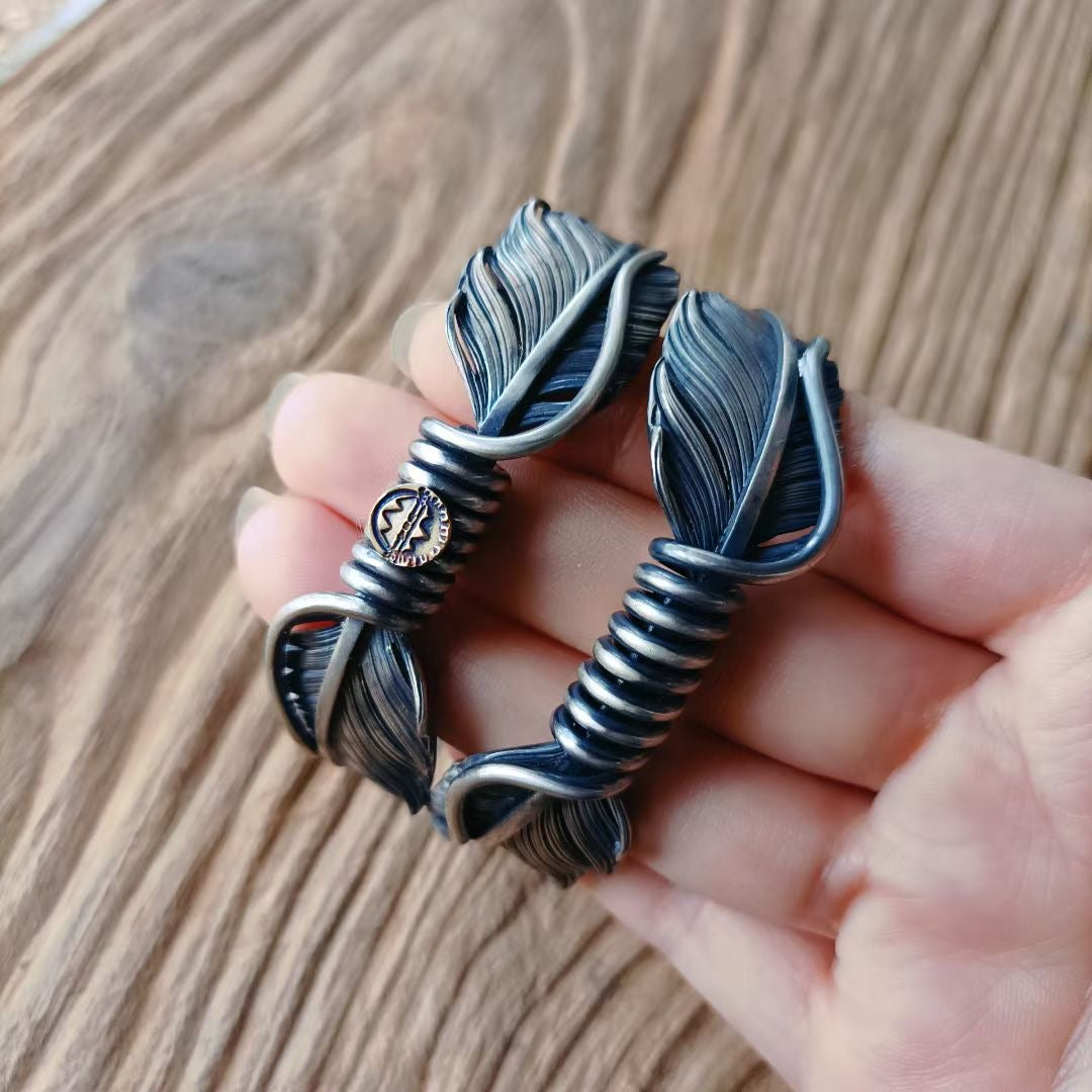 Navajo Feather Cuff Bracelet 18K Gold Emblem Silver Feather Handschwingen Cuff