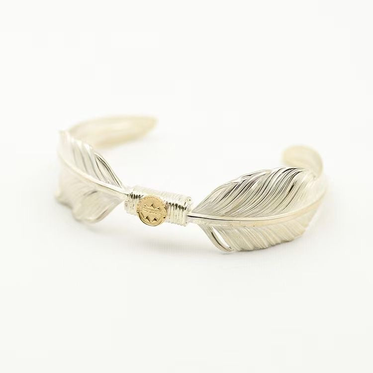 Navajo Feather Cuff Bracelet 18K Gold Emblem Silver Feather Handschwingen Cuff