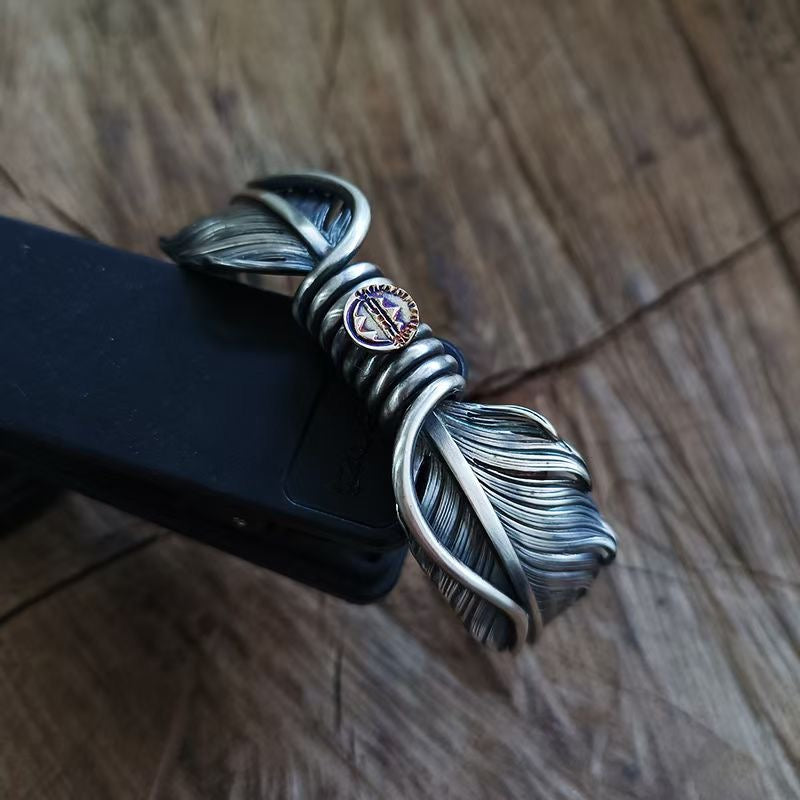 Navajo Feather Cuff Bracelet 18K Gold Emblem Silver Feather Handschwingen Cuff