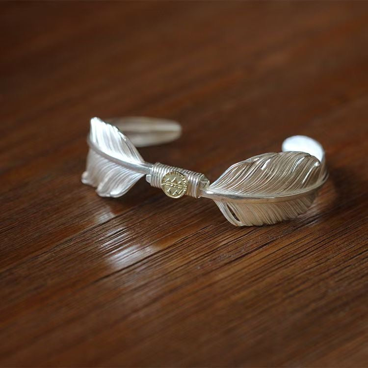 Navajo Feather Cuff Bracelet 18K Gold Emblem Silver Feather Handschwingen Cuff