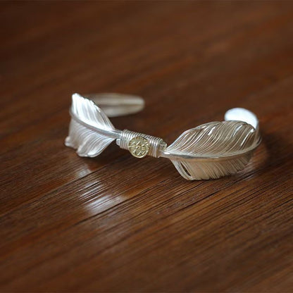 Navajo Feather Cuff Bracelet 18K Gold Emblem Silver Feather Handschwingen Cuff