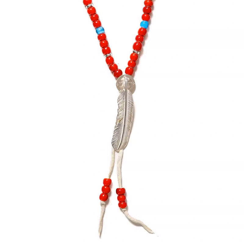 Silver Feather Red Beads Set Up Necklace