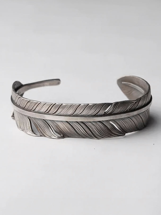 Silver Feather Cuff Bracelet for Men