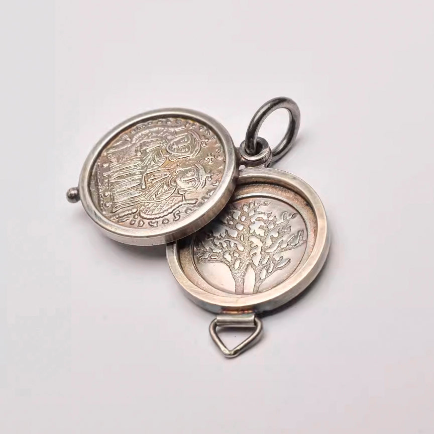 Ancient Greek Coin and Tree of Life Locket Pendant