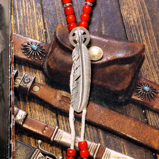 Silver Feather Red Beads Set Up Necklace