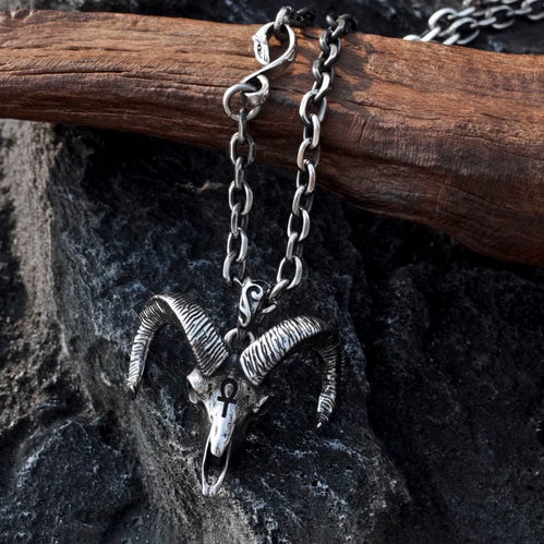 Sinister Long-Horned Goat Head Pendant Necklace