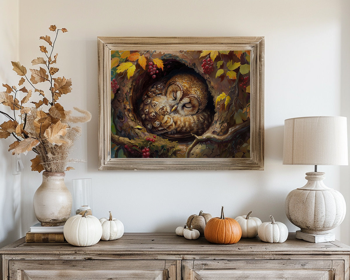 Sleeping Baby Tawny Owl in Autumn – 5:4 Ratio Canvas Wall Art