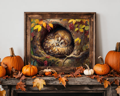 Sleeping Baby Tawny Owl in Autumn – 5:4 Ratio Canvas Wall Art