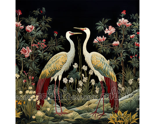 Crane Couple in Garden Digital Art Download