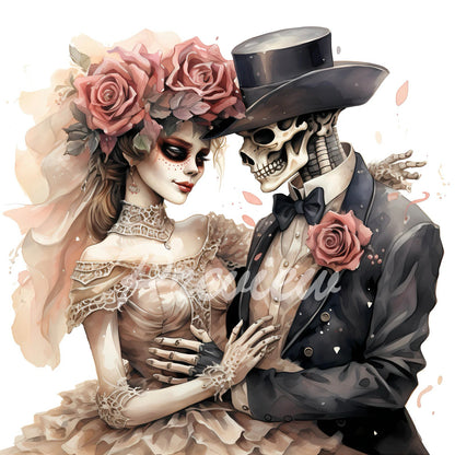 Zombie Cyborg Groom and Bride Watercolor Clipart Download