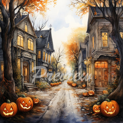 Halloween Autumn street Watercolor Digital Paper