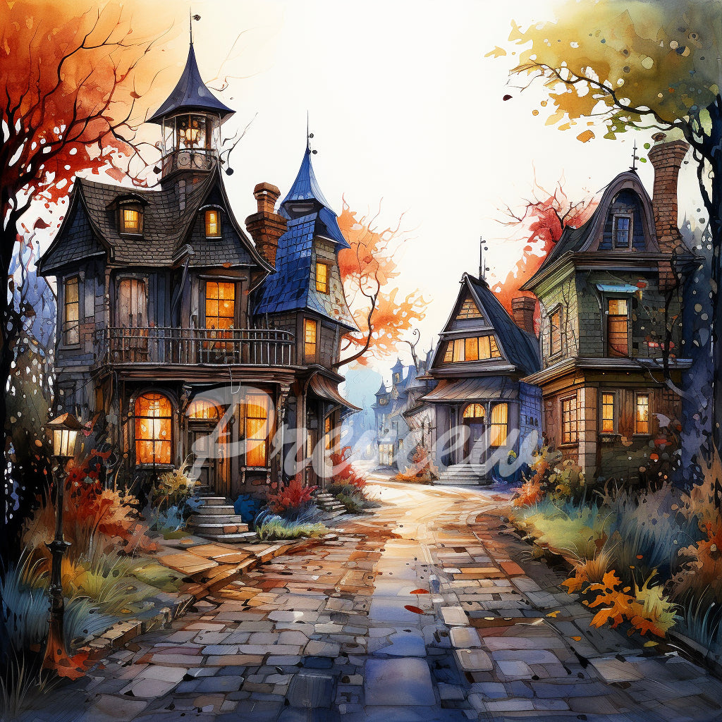 Halloween Autumn street Watercolor Digital Paper