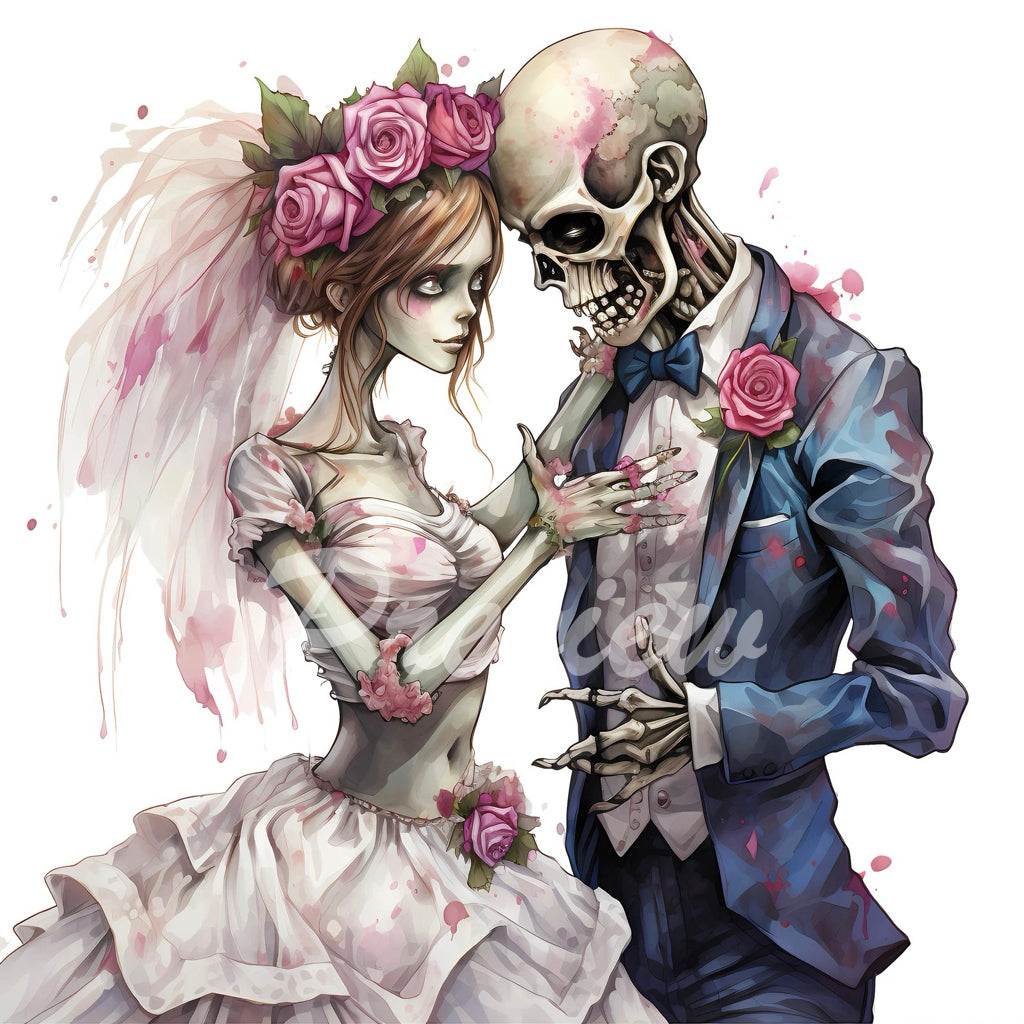 Zombie Cyborg Groom and Bride Watercolor Clipart Download