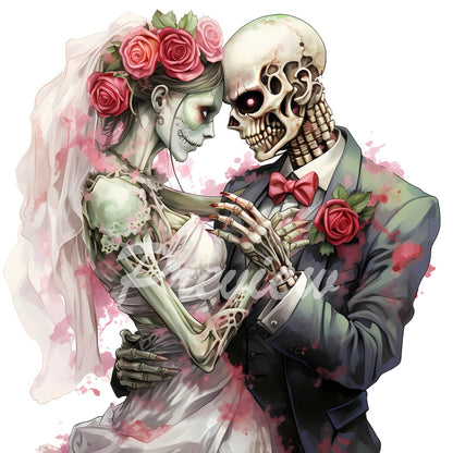 Zombie Cyborg Groom and Bride Watercolor Clipart Download