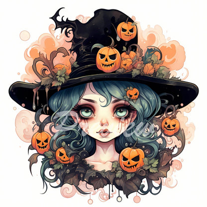 Cute Witch Watercolor Halloween Clipart Download