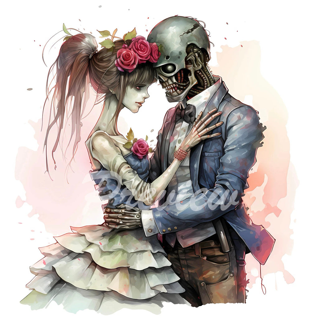 Zombie Cyborg Groom and Bride Watercolor Clipart Download