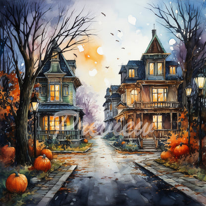 Halloween Autumn street Watercolor Digital Paper