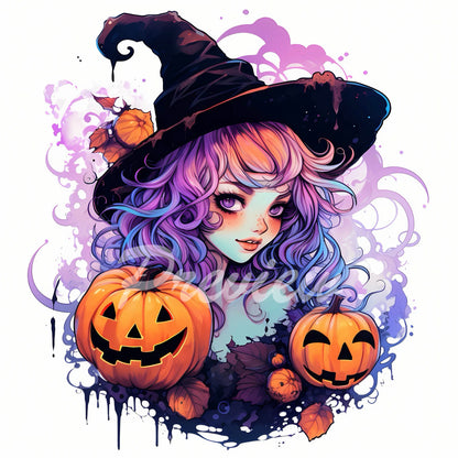 Cute Witch Watercolor Halloween Clipart Download