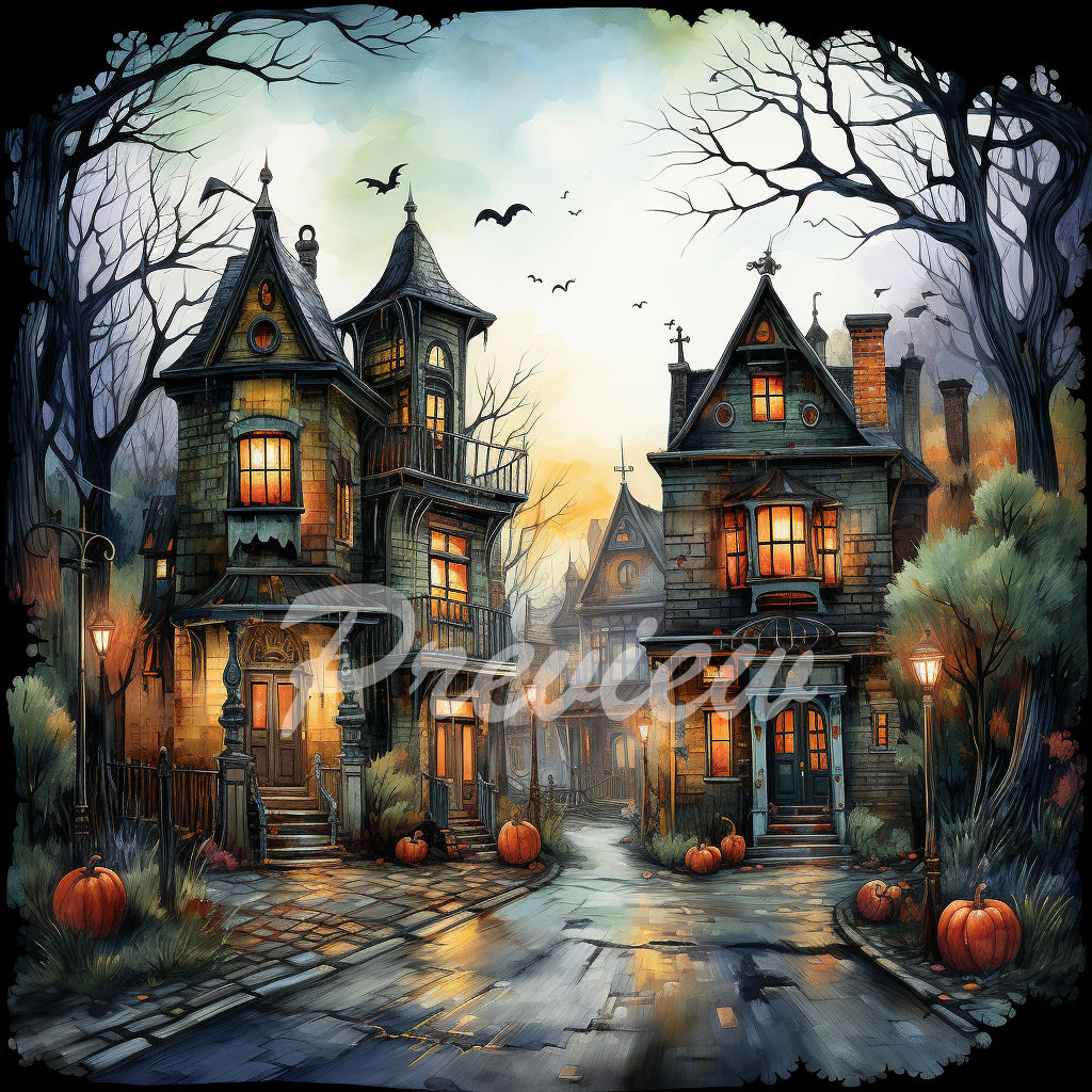 Halloween Autumn street Watercolor Digital Paper