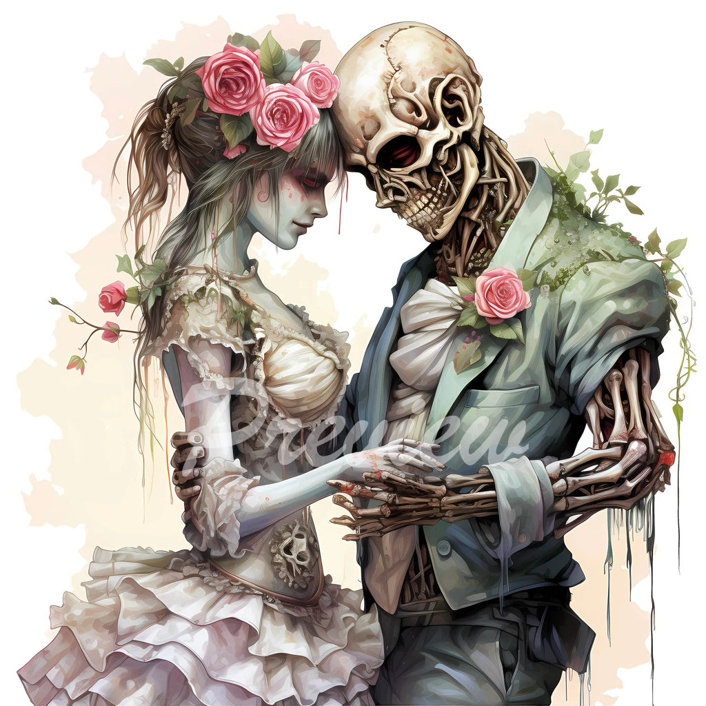 Zombie Cyborg Groom and Bride Watercolor Clipart Download