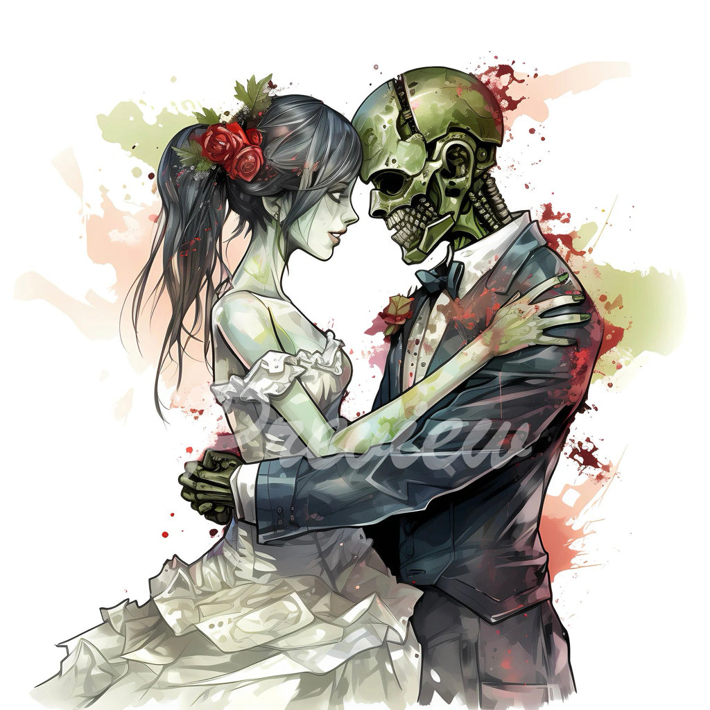 Zombie Cyborg Groom and Bride Watercolor Clipart Download