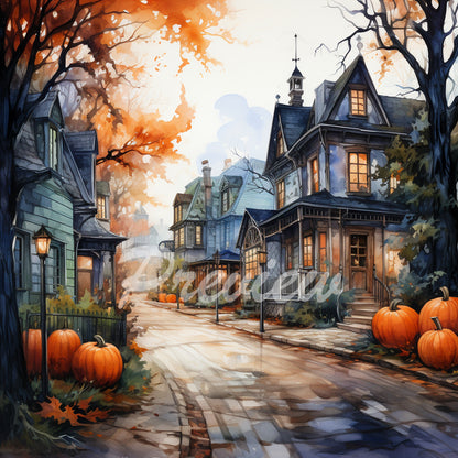 Halloween Autumn street Watercolor Digital Paper