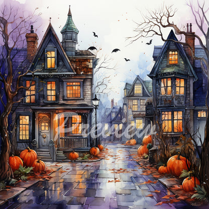 Halloween Autumn street Watercolor Digital Paper