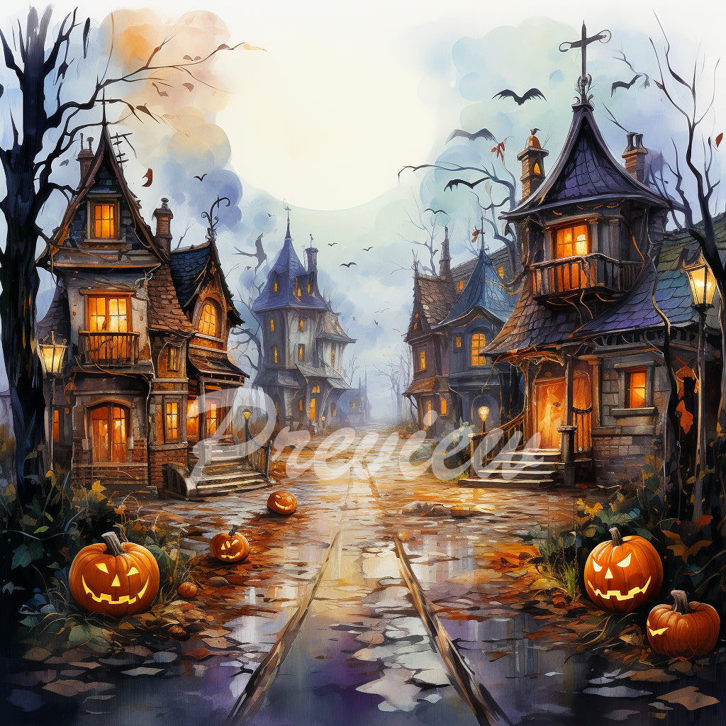 Halloween Autumn street Watercolor Digital Paper