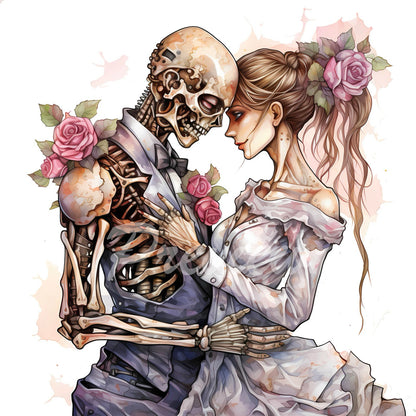 Zombie Cyborg Groom and Bride Watercolor Clipart Download