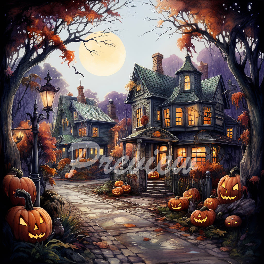 Halloween Autumn street Watercolor Digital Paper