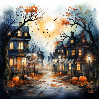 Halloween Autumn street Watercolor Digital Paper