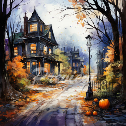 Halloween Autumn street Watercolor Digital Paper