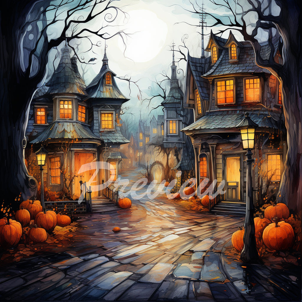 Halloween Autumn street Watercolor Digital Paper