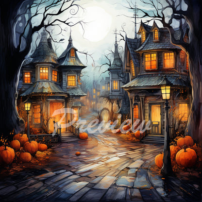 Halloween Autumn street Watercolor Digital Paper