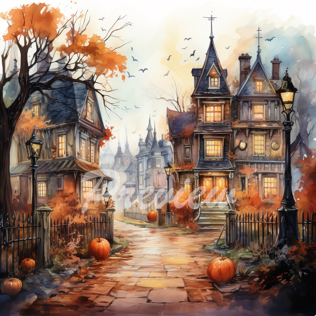 Halloween Autumn street Watercolor Digital Paper