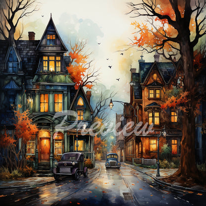 Halloween Autumn street Watercolor Digital Paper