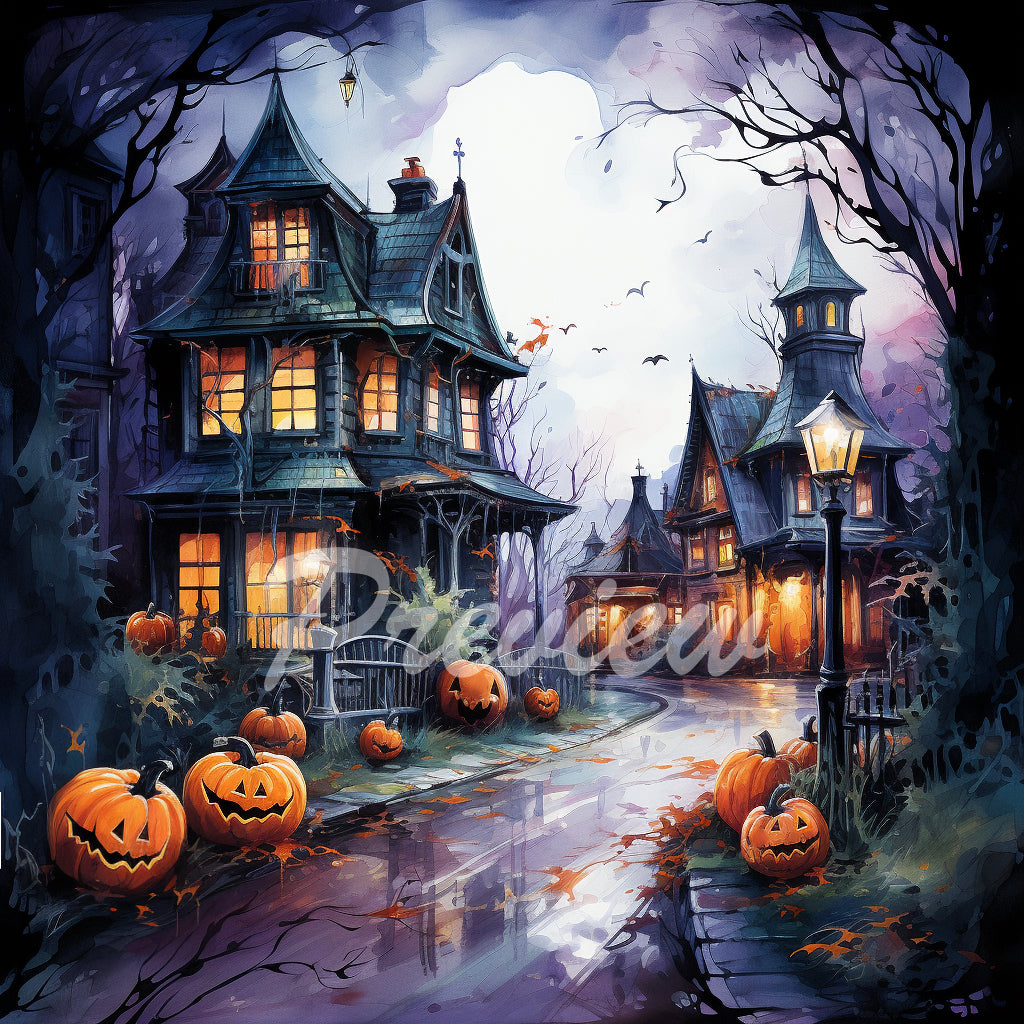 Halloween Autumn street Watercolor Digital Paper