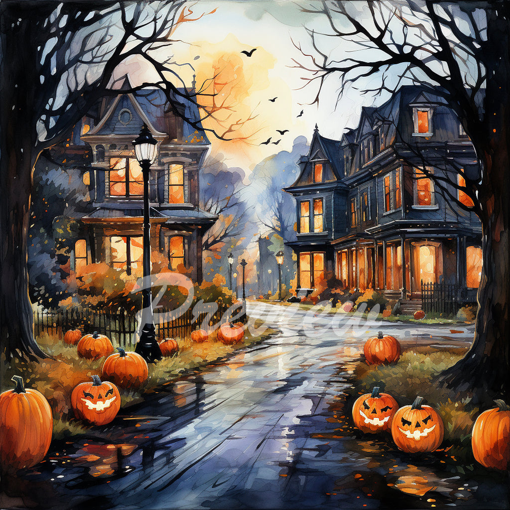 Halloween Autumn street Watercolor Digital Paper