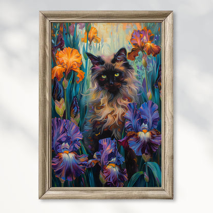 Ragdoll Cat in Iris Flower Garden - Wall Art Poster | Floral Cat Decor