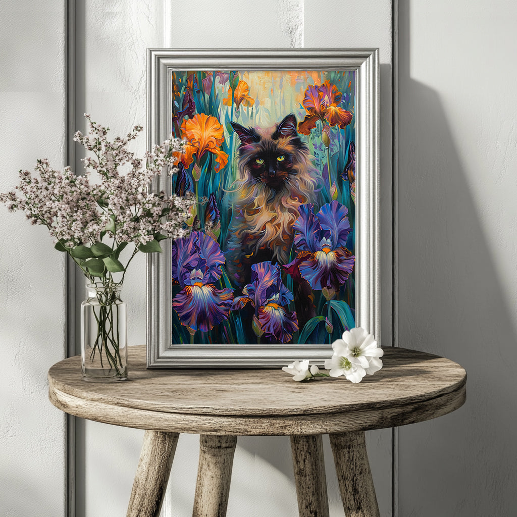 Ragdoll Cat in Iris Flower Garden - Wall Art Poster | Floral Cat Decor