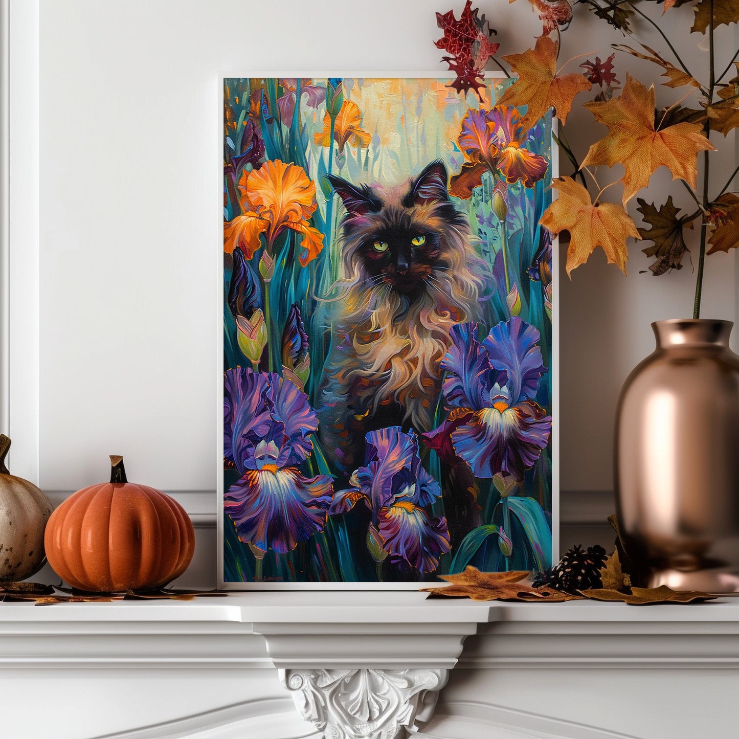 Ragdoll Cat in Iris Flower Garden - Wall Art Poster | Floral Cat Decor