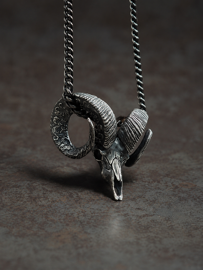Silver Ram Head Pendant Sterling Silver Ram Skull Amulet Horn Pendant