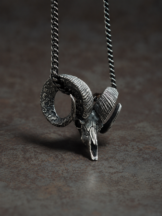 Silver Ram Head Pendant Sterling Silver Ram Skull Amulet Horn Pendant