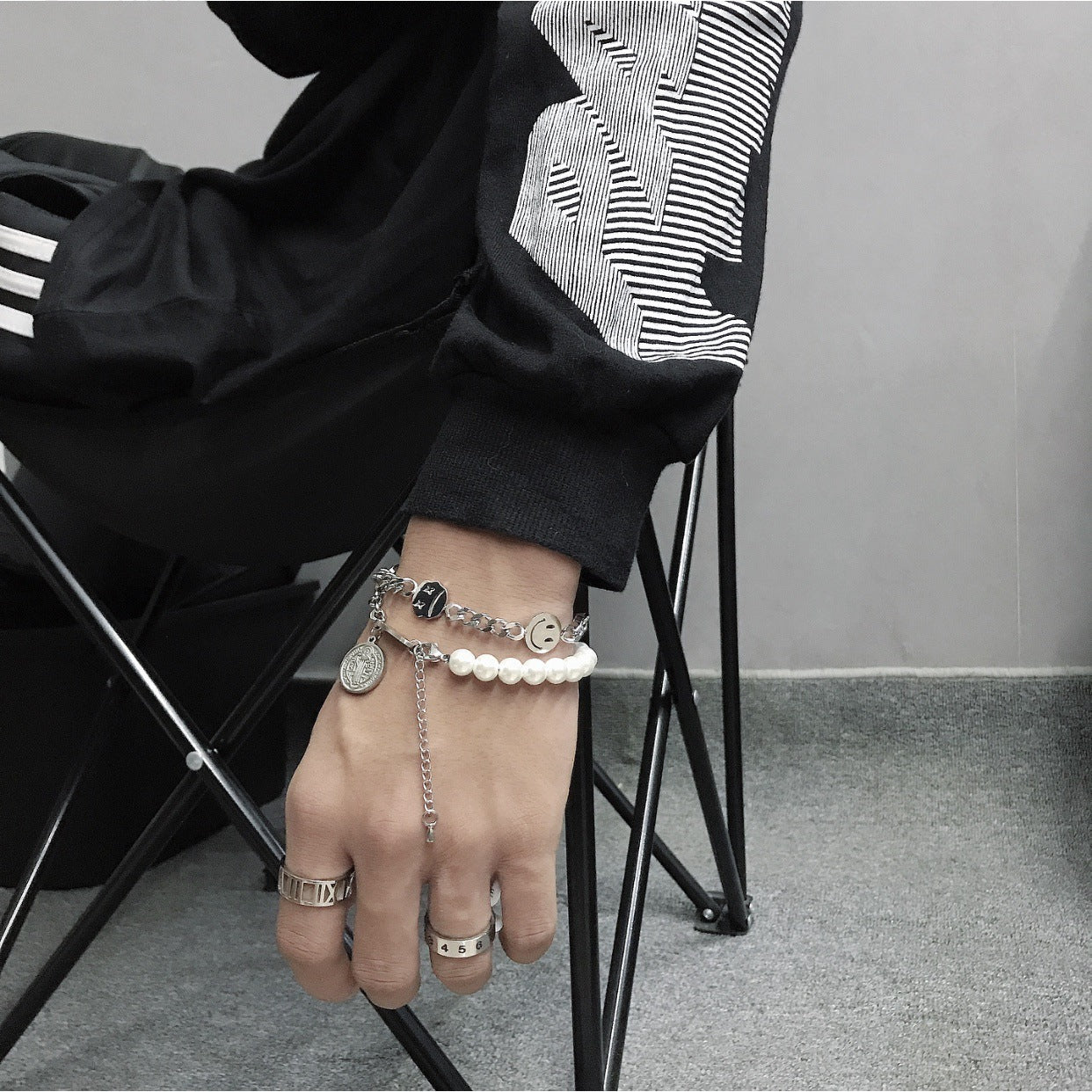 Saint Benedict Medal Pearl Link Chain Bracelet Stainless Steel Hip-Hop KPOP TikTok Style